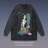 Men Long Sleeve Shirt Printed Washed and Worn Long Sleeve T-shirt for Men and Women
