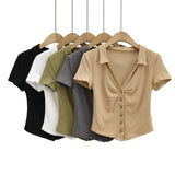 Women T-shirt Fashion Polo Collar Button Short Sleeve T-shirt