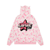 Men Hoodie Animal Horse Printed Sweater Five-Pointed Star Embroidered Cat Ears Hooded Top