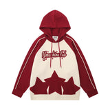 Men Hoodie Color Contrast Patchwork Raglan Sleeve Hooded Pullover Hip Hop Street Fashion Five-Pointed Star Paste Cloth Embroidery