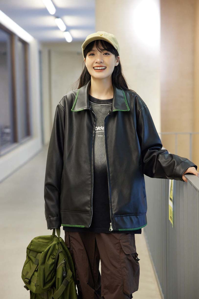 Unisex Jacket Fall Topstitching Special Embroidered Leather Women's Clothing