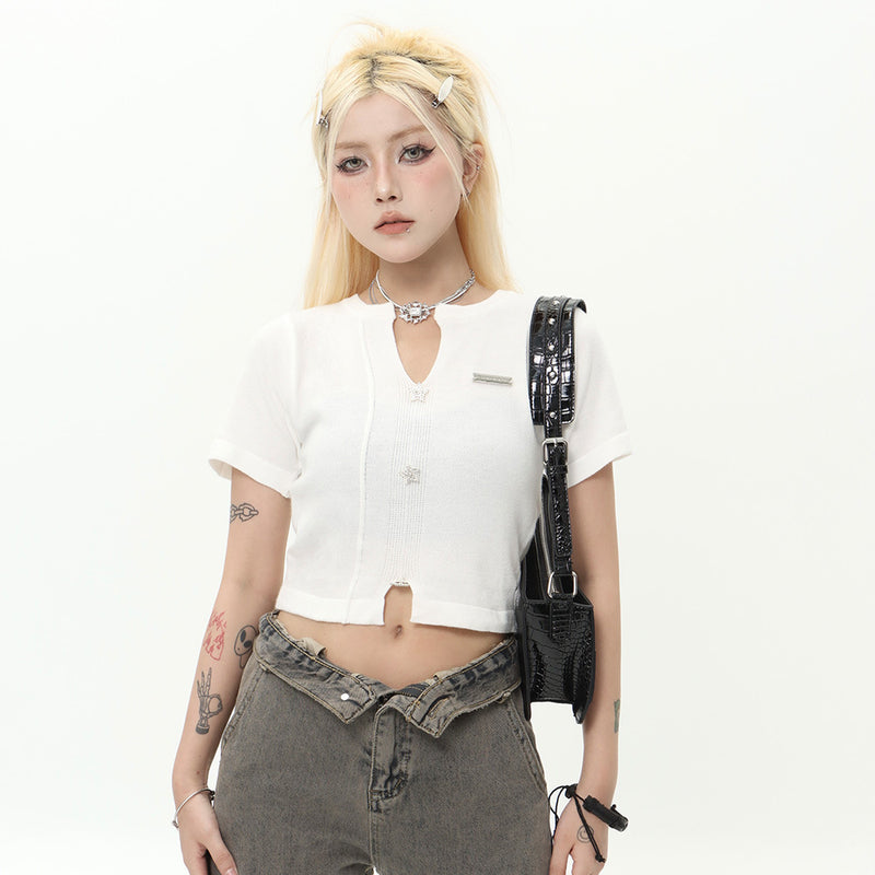 Women Sweater Short Sleeve Knitwear T-shirt Slim-Fit Crop-Top