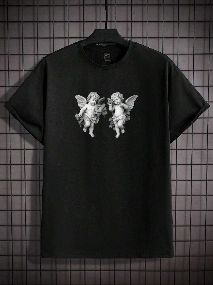 Loose Fit Men's Angel Print Drop Shoulde
