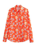 Women T-Shirt Summer Women's Orange Long Sleeve Printed Shirt