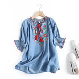 Women T-Shirt Summer Collar Lace-up Embroidery Tencel Denim Shirt