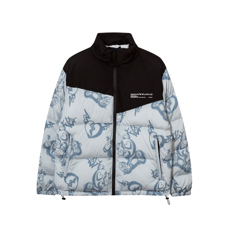 Men Cotton Padded Jacket Coat Printed Stitching Cotton Coat Jacket Men's Ins Loose down Jacket Cotton-Padded Jacket