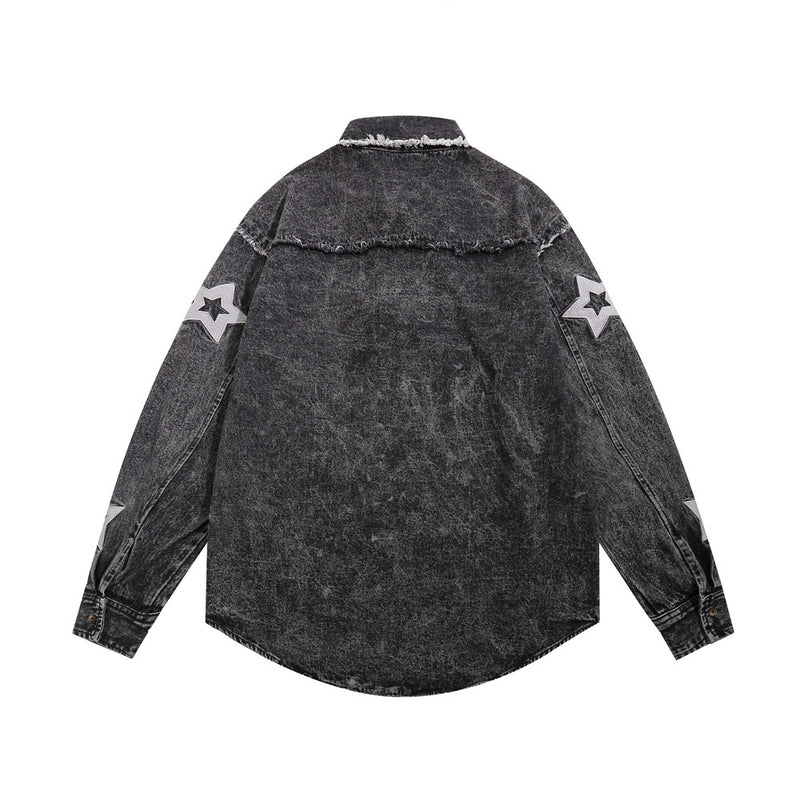 Men Long Sleeved T Shirt Five-Pointed Star Embroidered Denim Long Sleeve Shirt Men's Spring and Autumn Washed and Worn Denim Jacket