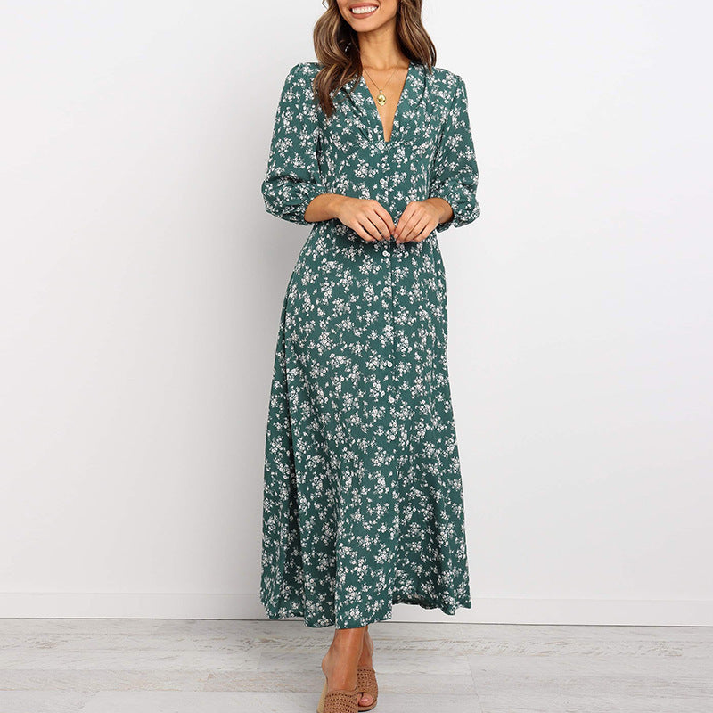 Jungle Print Maxi Dress Vintage Long Sleeve Button High Waist Dress