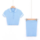 Women Skirt Suit Spring Lapel Short Sleeve Slim Knit Skirt