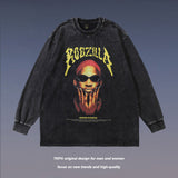Men Long Sleeve Shirt Washed Old Portrait Loose Long Sleeve T-shirt Men and Women Black