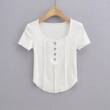 Women T-Shirt Short-Sleeved T-shirt Summer Stitching Button