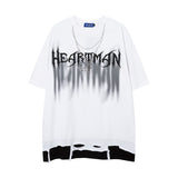 Men T Shirt Gothic Letter Color Contrast Patchwork Ripped Short Sleeve T-shirt for Men and Women