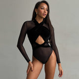 Women Jumpsuit Women's Mesh Velvet Stitching Long-Sleeved Jumpsuit