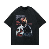 Men T Shirt Washed and Worn Gray Printed Loose T-shirt Summer Street