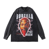 Men Long Sleeve Shirt Vintage Hip Hop Portrait Printing Worn Looking Washed-out Long Sleeve T-shirt Men