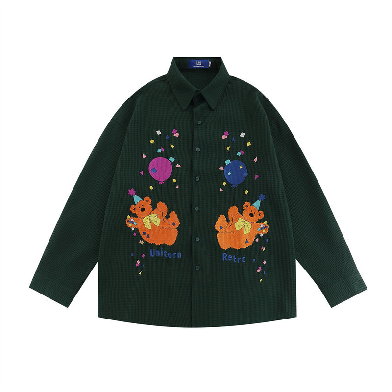 Men Long Sleeved T Shirt Embroidered Long Sleeve Shirt Boys Loose Casual Jacket Lapel Shirt Ins