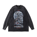 Men Long Sleeve Shirt Printed Washed round Neck Long Sleeve Bottoming T-shirt Men and Women Vintage