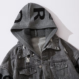 Men Denim Jacket Men's Spring and Autumn Loose Stitching Sweater Hooded Jacket