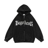 Men Fleece Lined Hoodie Letter Print Hooded Cardigan Sweater Male Loose Zipped Sports Coat