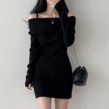 Women Dresses Knitted Dress off-the-Shoulder Sling Hip Skirt Long Sleeve Skirt