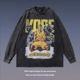 Men Long Sleeve Shirt Vintage Portrait Washed Long Sleeve T-shirt Men and Women Distressed