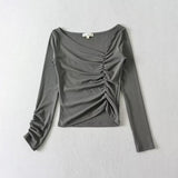 Women T-Shirt Casual Versatile Pleating Long Sleeve Bottoming T-shirt