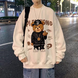 Men Hoodie round Neck Sweater Men's Spring and Autumn Bear Printed Long Sleeve Loose Casual