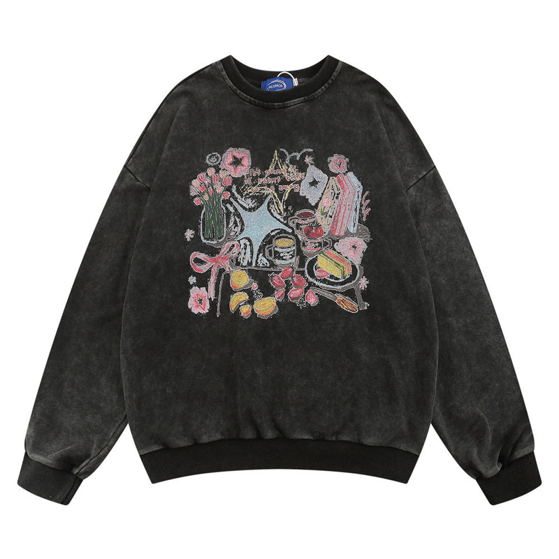 Men Hoodie Washed Distressed Printed Sweater Men's round Neck Loose Crew Neck Top Spring and Autumn