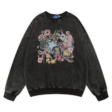 Men Hoodie Washed Distressed Printed Sweater Men's round Neck Loose Crew Neck Top Spring and Autumn