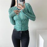 Women T-Shirt Long Sleeve Bottoming Shirt Personality Mesh Sun-Protective Clothing