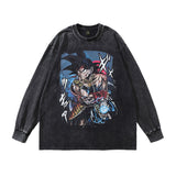 Men Long Sleeve Shirt Cartoon Animation Washed Long Sleeve T-shirt Men and Women Street Distressed