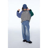 Unisex Hoodie Patchwork Retro University Style Striped round Neck Sweater