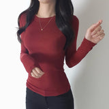 Women Long Sleeve Shirt round Neck Bottoming Shirt Slim Long Sleeve Top