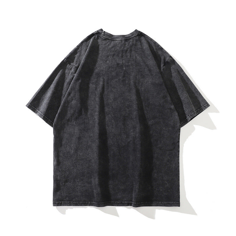 Men T Shirt Hip Hop Retro Style Short Sleeve T-shirt Worn Looking Washed-out