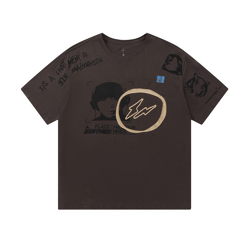 Travis Scott T-Shirt Travis Scott ts Face Print Short Sleeve T-Shirt Loose Crew Neck