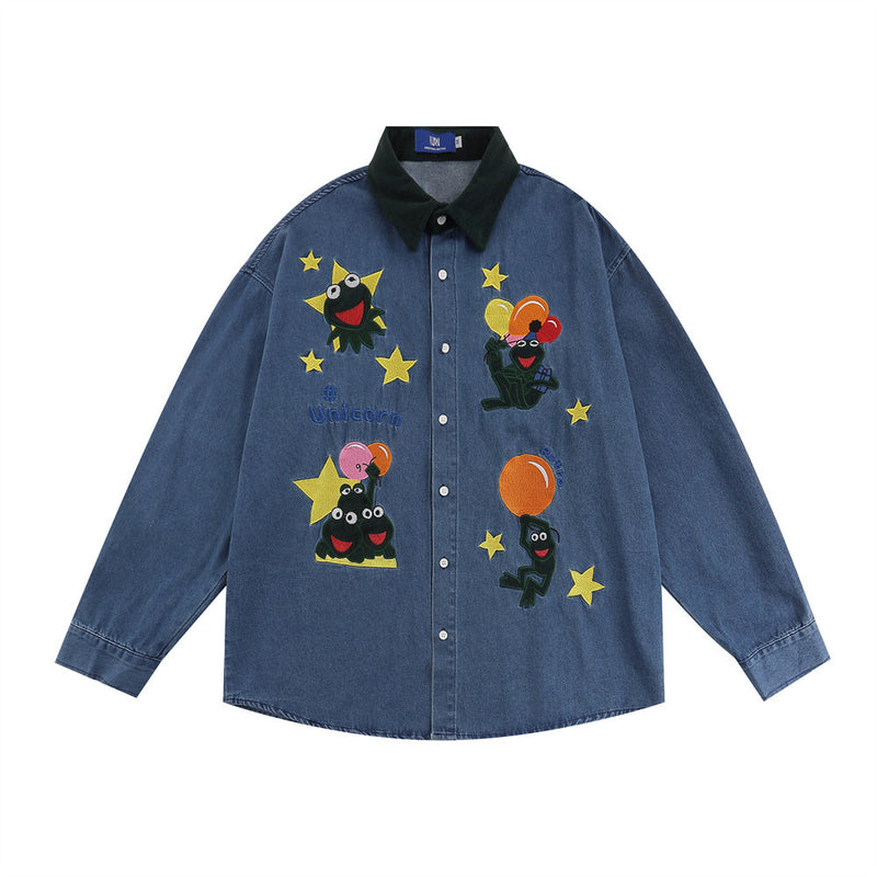 Men Long Sleeve T Shirt Vintage Cartoon Embroidered Denim Long Sleeve Shirt Men's Loose Lapels Shirt