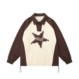 Men Hoodie Five-Pointed Star Embroidered Sweater Men's Loose Color Contrast Patchwork Lapel
