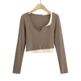 Women T-Shirt Contrast Color Women's Stitching Bottoming Shirt Long Sleeve T-shirt