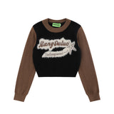 Women Sweater Color-Block Crew Neck Short Sweater Letter Autumn Sweater