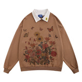 Men Hoodie Flower Printed Pullover Sweatshirt Men's Hip Hop Contrast Color Lapels Top