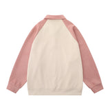 Men Hoodie Color-Block Raglan Sleeves Lapel Sweater Long Sleeve Pullover Polo Collar Loose Top