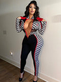 Women Jumpsuit Skinny Mesh Stitching Long Sleeve Jumpsuit