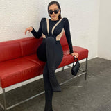 Women Jumpsuit Mesh Slim Fit Patchwork Long-Sleeve Zipper Jumpsuit
