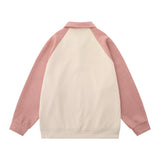 Men Hoodie Color-Block Raglan Sleeves Lapel Sweater Long Sleeve Pullover Polo Collar Loose Top