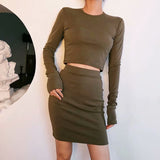 Women Skirt Crew Neck Slim-Fit Short Long Sleeve T-shirt Spring and Summer Suit