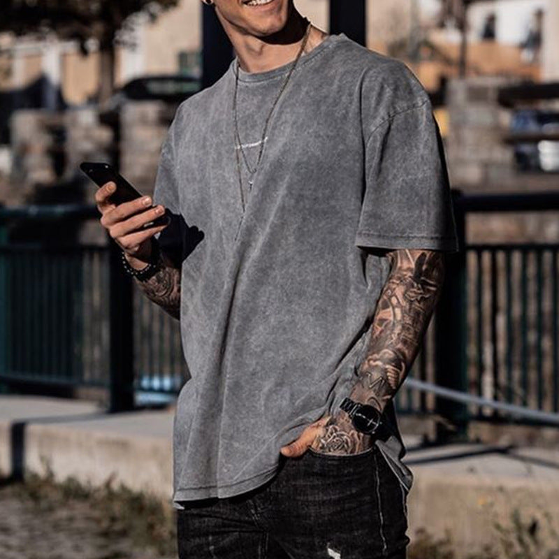 Men T Shirt Summer Loose Gray Casual Collarless