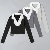 Women T-Shirt Shirt Lapel Short Slim Fit Long-Sleeved T-shirt