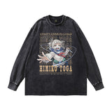 Men Long Sleeve Shirt Cartoon Anime Print Distressed Long Sleeve T-shirt Men and Women Hip Hop