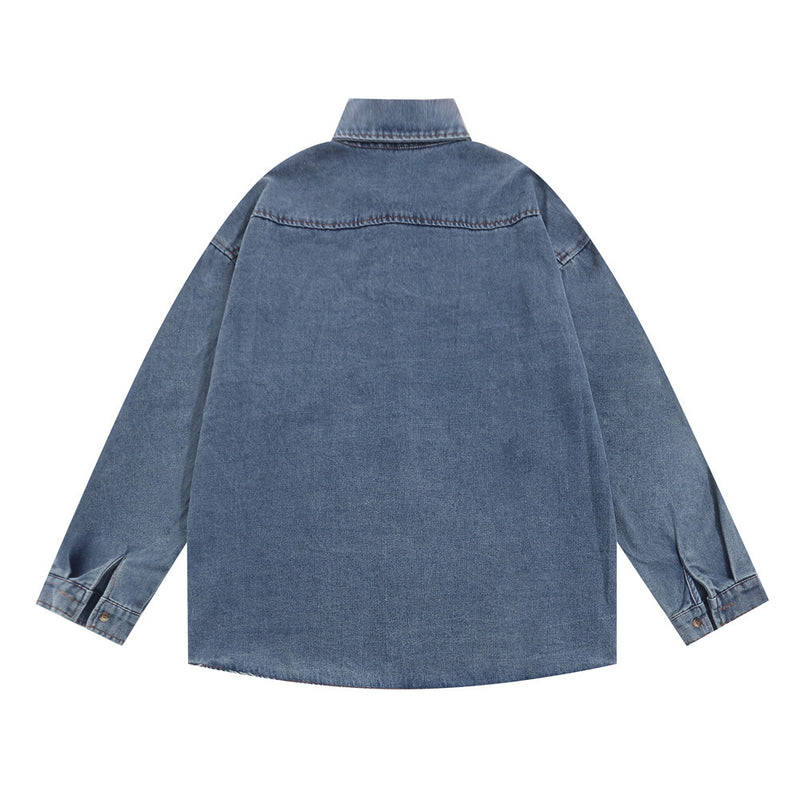 Men Long Sleeved T Shirt Embroidered Jerry and Tom Shirt Coat Men's Trendy Loose Washed-out Denim Long Sleeve