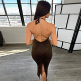 Women Halter Tops Summer Fashionable with Side-Slit Lace-up Dress